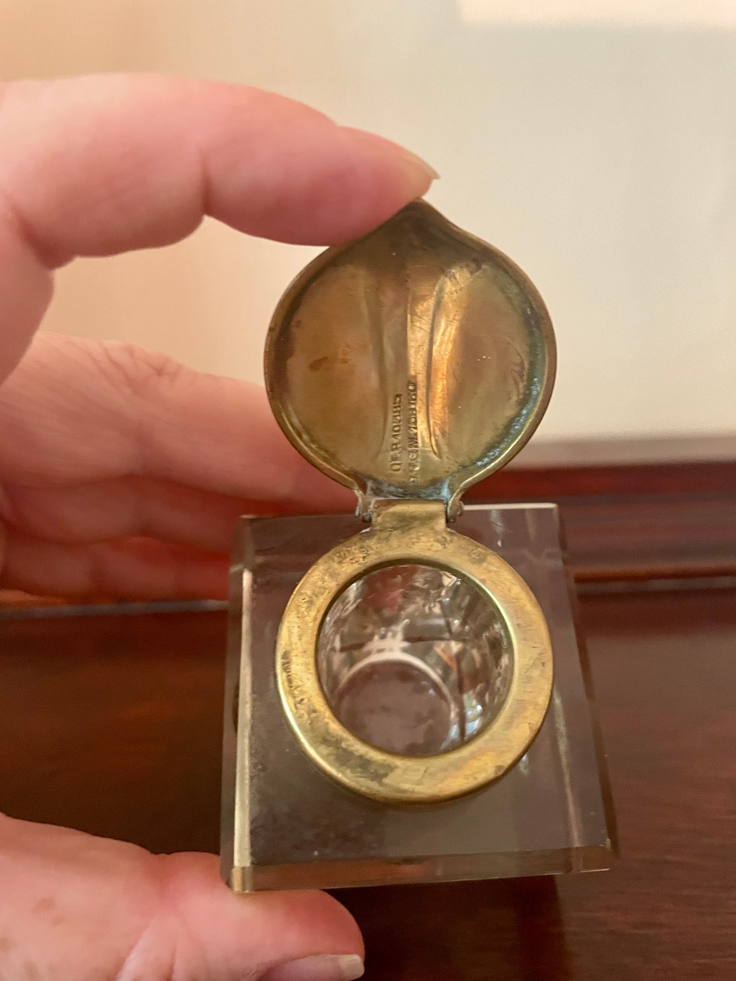 Faceted Glass Inkwell with Hinged Brass Lid